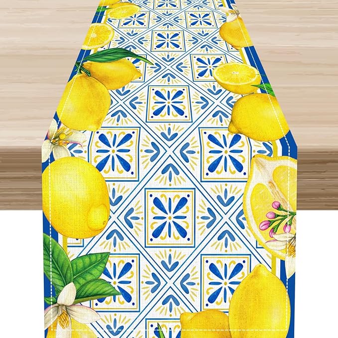 Lemon Table Runner, Blue Tile Yellow Vintage Moroccan Summer Seasonal Fresh Fruits Coffee Cafe Vintage Table Center Decor for Home Kitchen Dining Party Patio Indoor Outdoor, 13"x72" Inch