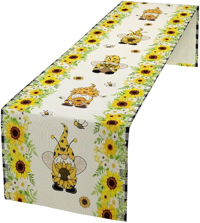 Summer Sunflower Gnome Table Runner, Buffalo Plaid Bee Farmhouse Seasonal Table Decoration for Outdoor Home Party Kitchen Dining Holiday 13x108in