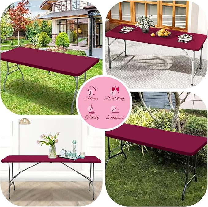 10 Pack Stretch Fabric Table Top Cap Cover, Wine Red Table Covers fits 8Ft Tables, Washable Elastic Universal Rectangle Tablecloth Protector for Indoor Outdoor Party Picnic Wedding (30" W x 96" L)
