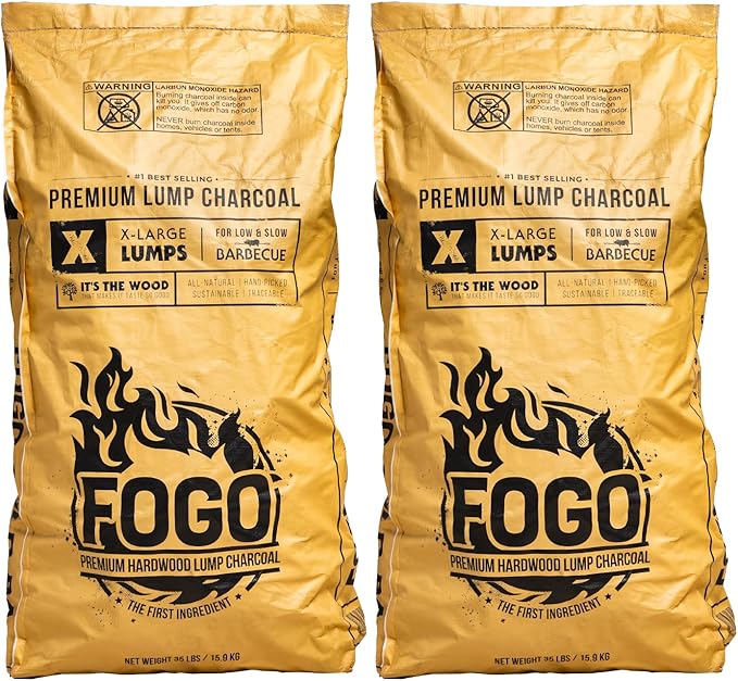 FOGO Super Premium Hardwood Lump Charcoal, Natural, Large Sized Lump Charcoal for Grilling and Smoking, Restaurant Quality, 35 Pound Bag, 2-Pack