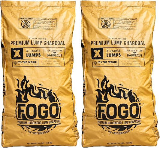 FOGO Super Premium Hardwood Lump Charcoal, Natural, Large Sized Lump Charcoal for Grilling and Smoking, Restaurant Quality, 35 Pound Bag, 2-Pack