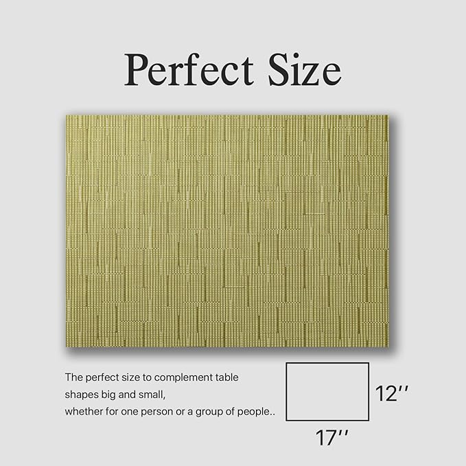 Placemats Set of 12 - Easy Clean Woven Vinyl Placemats for Dining Table, Indoor/Outdoor Place Mats, Washable PVC Table Mats （Pea Green）