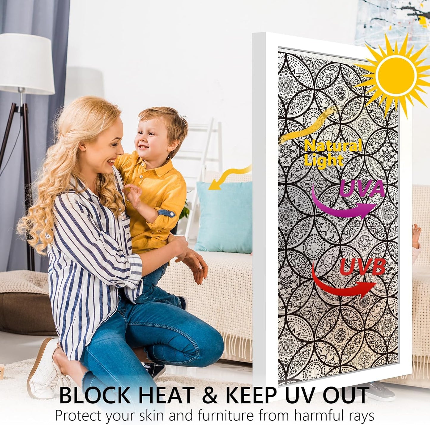 DKTIE Boho Stained Glass Look Window Privacy Film with Installation Tools, Decorative Frosted Glass Window Film Static Cling No Glue Removable, Pure Black, 35.4" x 118.1"