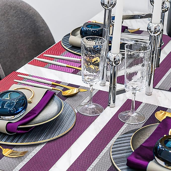 Set of 6 Colorful Striped Vinyl Placemats Heat-Resistant Washable Placemats Non-Slip Woven Table Mats Wipeable Placemat for Kitchen Dining Table Decoration Indoor Outdoor (Violet Purple)