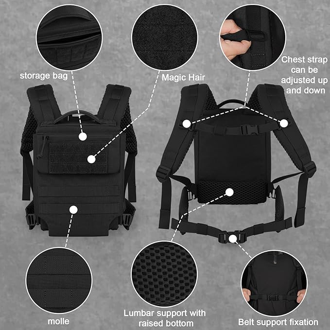 PETAC GEAR Upgraded Weighted Backpack Rucking Backpack for Weight Plates/Honeycomb Breathable fabric/Belt support/Back support platform (max 15lbs capacity)(BK)