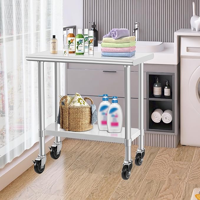 HARDURA Stainless Steel Commercial Table Prep & Work Table with Casters Heavy Duty Metal Table with Wheels NSF 430 18×36 Inches