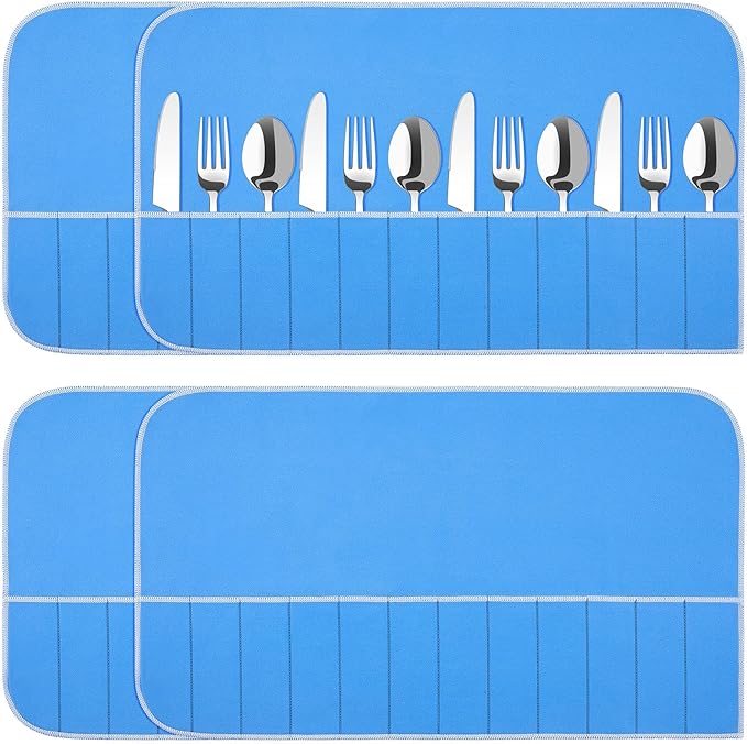 4 Pieces Anti Tarnish Silver Storage Bags silverware Blue Holder for Flatware Storage Organizer Place Setting Roll with White Ribbon for Kitchen Utensils