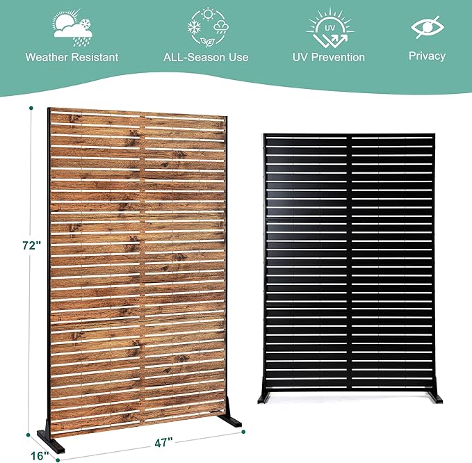 Metal Privacy Screen for Outdoor & Indoor Use, Free Standing Privacy Screen for Patio Garden Pool, 72" H x 47" W Decoative Privacy Panels, Weather Resistant, Easy Assembly (Natural Brown)