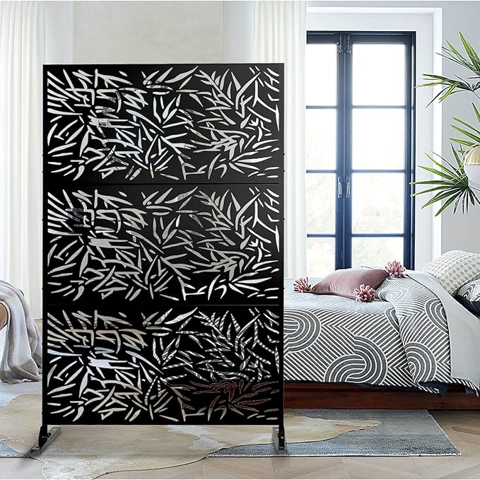 Elevens Patio Privacy Screen Balcony Decorative Screen Set with Stand, Outdoor Decor Privacy Fence Screen, Indoor Room Decorative Divider (Leaf-Black)