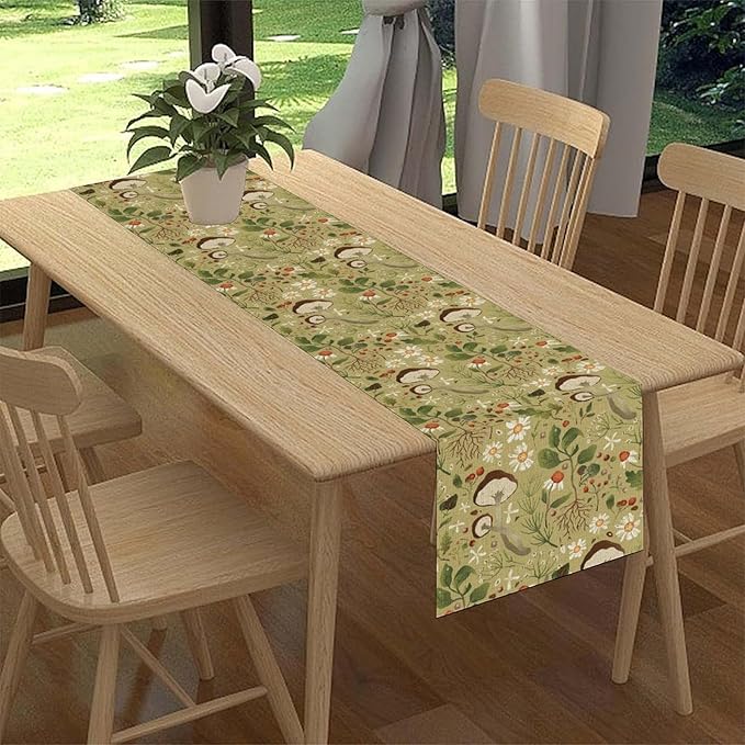 Mushroom Table Runner, Rustic Farmhouse Forest Plants Botanical Country Green Coffee Table Center Decor for Home Kitchen Dining Patio Holiday Party Indoor Table Decorations, 13"x90" Inch