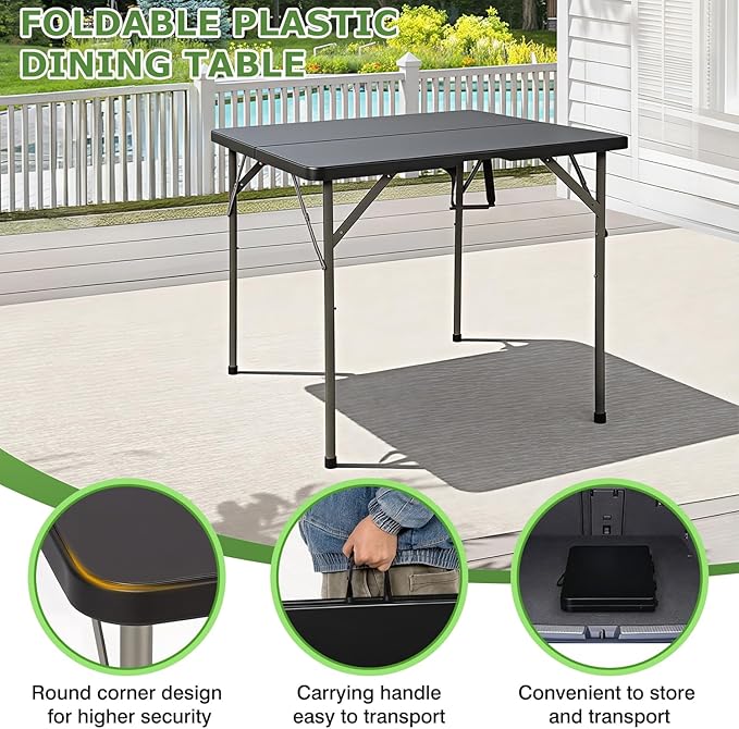 BestOffice Outdoor 34" Folding Card Table Plastic Table Portable Square Height Dining Table Perfect for Picnics,Parties,Party and Camping, Black