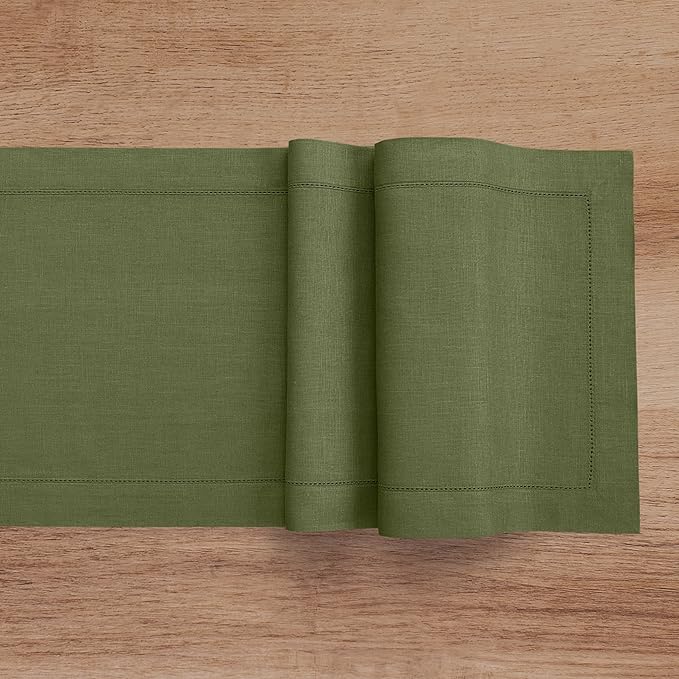 Solino Home Linen Olive Table Runner 90 Inches Long - 100% Pure Linen 14 x 90 Inch Table Runner for St Patricks Day - Classic Hemstitch