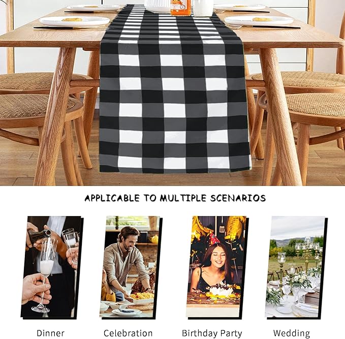 Fabric Checkered Table Runner 6 Pack Waterproof Gingham Table Runner 14W x 108L Buffalo Check Table Runners for Parties Kitchen Dining Wedding Banquet (Black and White)