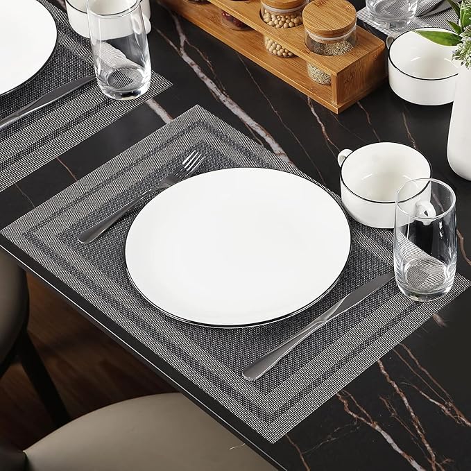 Placemats Set of 6,Washable,Heat and Stain Resistant Indoor/Outdoor Place mats,Vinyl Woven Non Slip Table Mats for Restaurant Table Protection,PVC Placemats(Black Gold,6PCS)