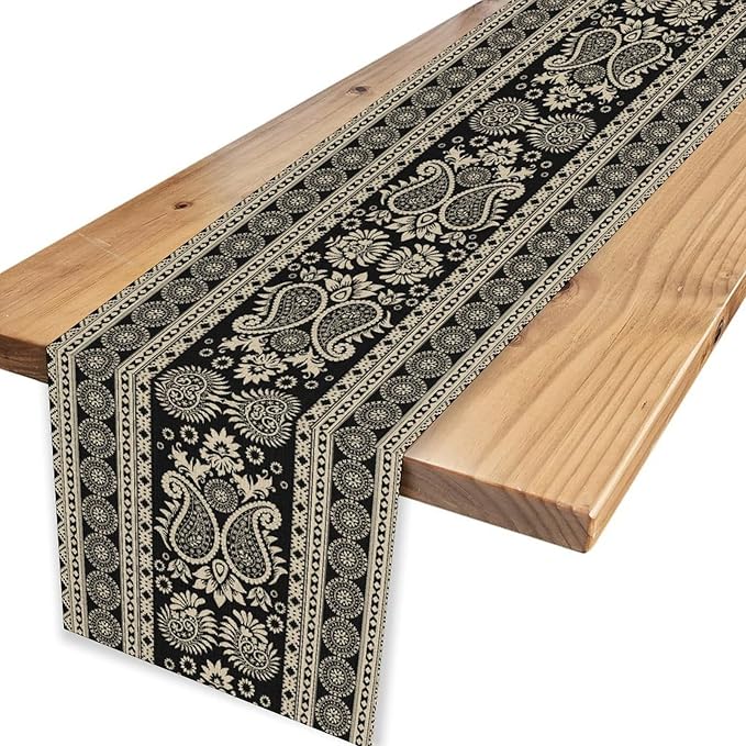 Black Paisley Table Runner, Rustic Damask Antique Floral Flower Retro Boho Swirled Pattern Coffee Vintage Table Center Decor for Family Kitchen and Living Room Outdoor Table Decorations, 13" X 108"