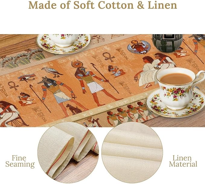 Ancient Table Runner, Mythology Egyptian Gods Pharaohs Antique Golden Hieroglyphs Print Pattern Table Runner for Dining Bedroom Kitchen Party Outdoor 13x90in