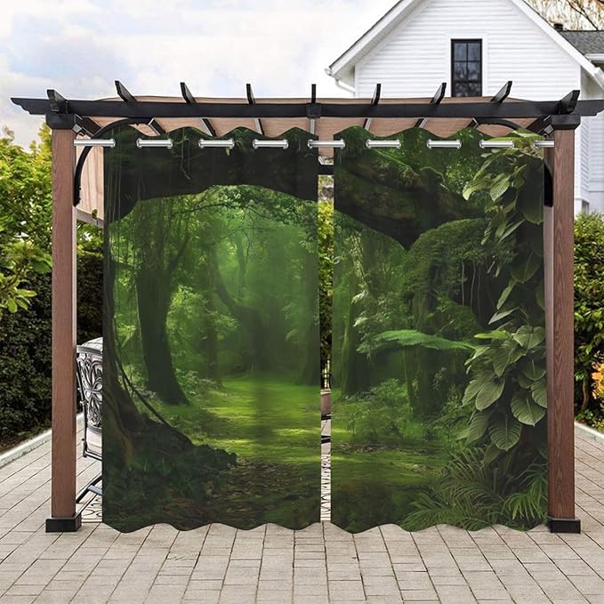 Nature Theme Outdoor Curtains for Patio Waterproof,Forest Pattern,Light Filtering Curtains Outside Curtains for Porch, Gazebo, Pergola, Backyard,Set of 2 Panels,54 x 108 inch,Green