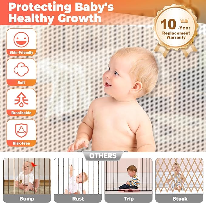 160" Retractable Baby Gates Extra Wide Dog Gate, Long Child Safety Gate, 37" Tall Toddler Pet Gate Mesh Gate with Reinforced Strips for Doorways, Stairs, Hallways, Outdoor & Indoor Large Openings