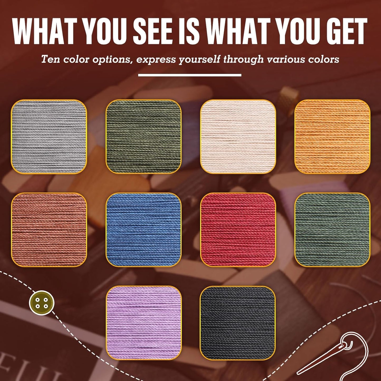 Repair Sewing Kit, Upholstery Needle and Thread Kit with 32 Yard Waxed Thread and 8 Pcs Heavy Duty Leather Needles for Hand Stitching, Canvas & Quilting - 0.55mm Round Waxed Brown