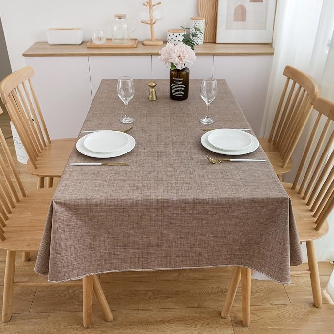 LIBERECOO Vinyl Tablecloth with Flannel Backing, Flaxen, Waterproof, Stain-Resistant, Easy-Clean Table Cover for Dining, Kitchen, and Outdoor Use, 60" x 120" Rectangle