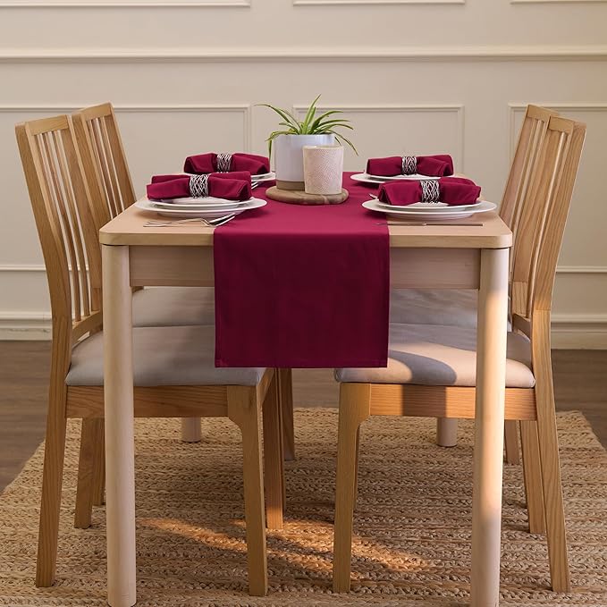 Encasa XO Table Runner 13"x91" Long | Cotton Canvas Fabric | Rich Maroon Solid Color | Machine Washable & Durable
