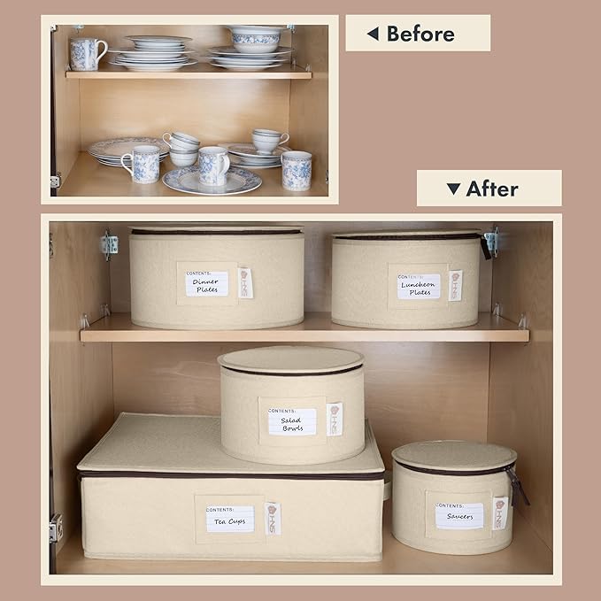 China Storage Hard Shell Containers 5-Piece Set Moving Boxes for Dinnerware, Glasses, Plates, Mugs and Saucers Sturdy Dish Organizer with Dividers for Seasonal Storage - Service for 12 - Beige