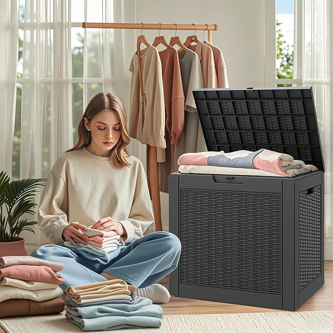 31 Gallon Outdoor Storage Deck Box Waterproof,Garden Tool,Backyard Cushion,Poolside Storage,Small Delivery Boxes for Outside,Lockable Lid,Rattan Black