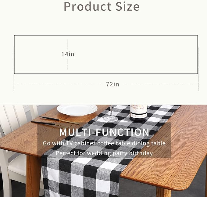 Tosewever Buffalo Check Plaid Table Runner, Cotton Polyester Blend Classic Family Dinner Table Runners for Indoor Outdoor Parties, Christmas Events Home Decoration (Black and White, 14 x 72 Inch)