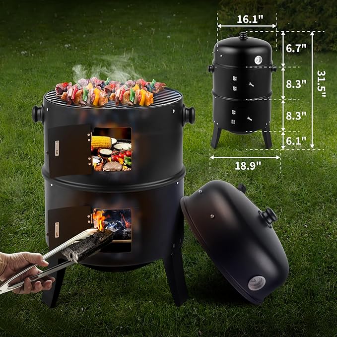 3-in-1 Vertical Charcoal Smoker Grill - Heavy Duty Portable Outdoor BBQ with Smoking Function, Built-in Thermometer, Air Vent & 2 Access Doors for Backyard Parties, Camping