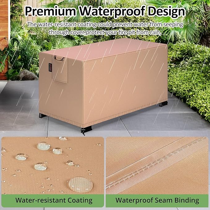 QH.HOME Fire Pit Cover Rectangular 42 x 24 Inch,Outdoor Waterproof Fire Pit Table Cover Strong Tear Resistant and Fading Resistant for Rectangle Patio Furniture Fireplaces - Wheat