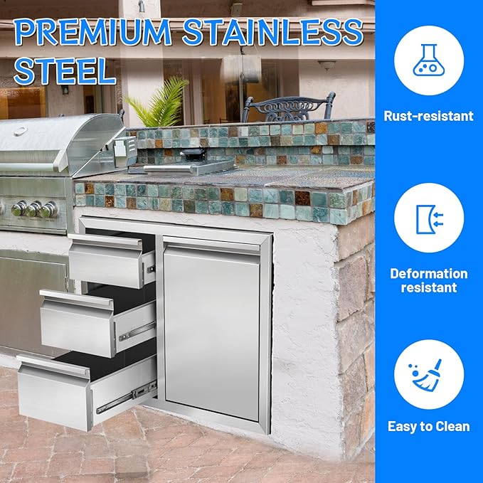 Outdoor Kitchen Drawer Combo, Stainless Steel Triple Drawer Cabinet with Built-in Trash Bin Drawer & Two Trash Cans, 28" W x 22" H x 19.5" D Outdoor Kitchen Storage for BBQ Grill Islands