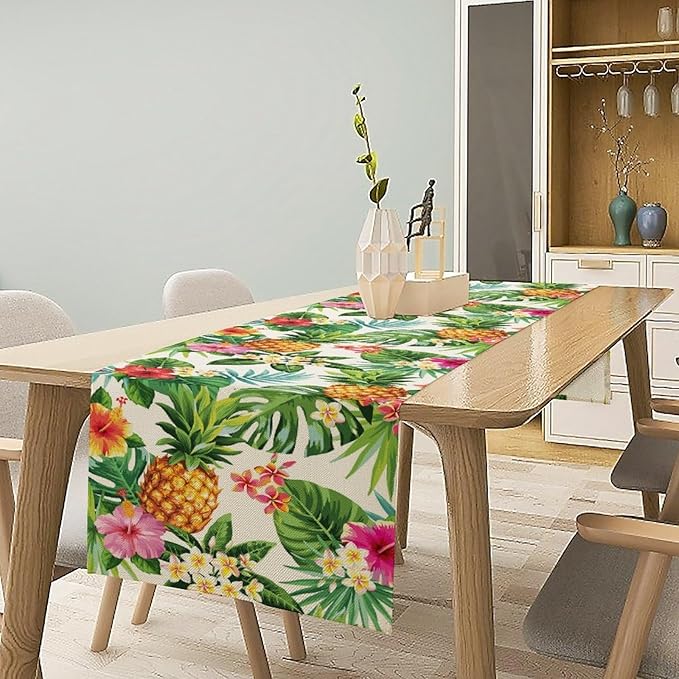 Summer Pineapple Table Runner, Tropical Palm Leaves Flowers Fruit Table Runner for Kitchen Dining Party Holiday Home 13x70in