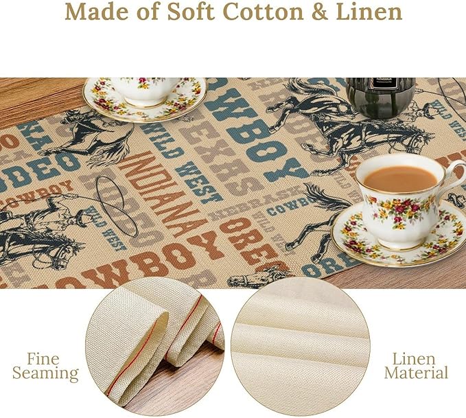 Western Cowboy Table Runner, Vintage Country American West Cowboy Riding Horse Table Runner for Home Kitchen Dining Party Farmhouse Cafe Outdoor 13x70in
