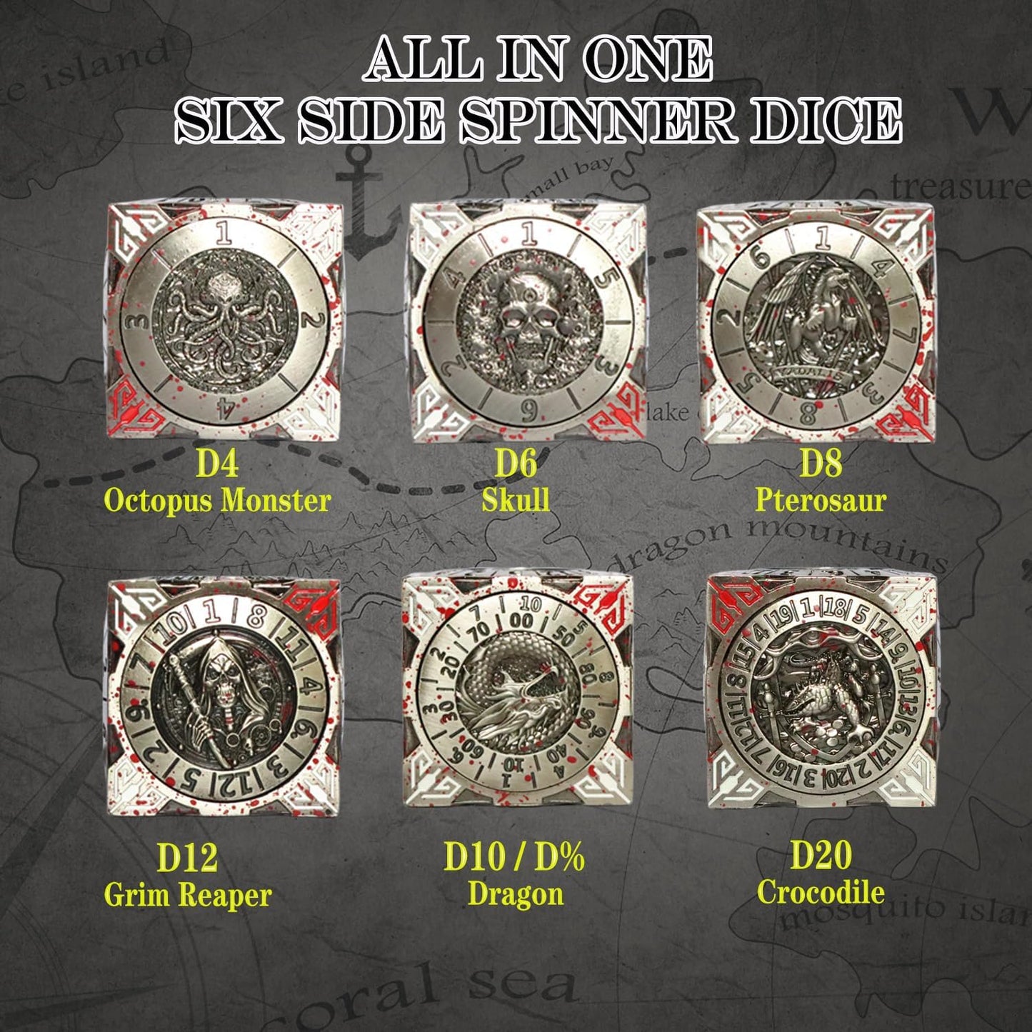 6 Sided Spinner DND Dice - Metal D4 D6 D8 D10 D10% D12 D20 All in One D&D Set - Cool Role Playing Gifts for Dungeons and Dragons TRPG MTG Games Lover Players (6 Sided-Bloodstained)