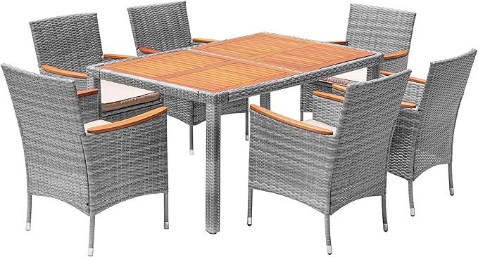 Devoko Dining 7 PCS Furniture, Patio Conversation Set with Acacia Wood Table Top, Outdoor, Beige Cushion and Grey Rattan