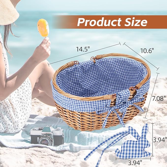 G GOOD GAIN Wicker Picnic Basket with Double Folding Handles,Willow Picnic Hamper,Natural Hand Woven Easter Basket,Easter Eggs and Candy Basket,Bath Storage,Gift Packing Basket.Blue