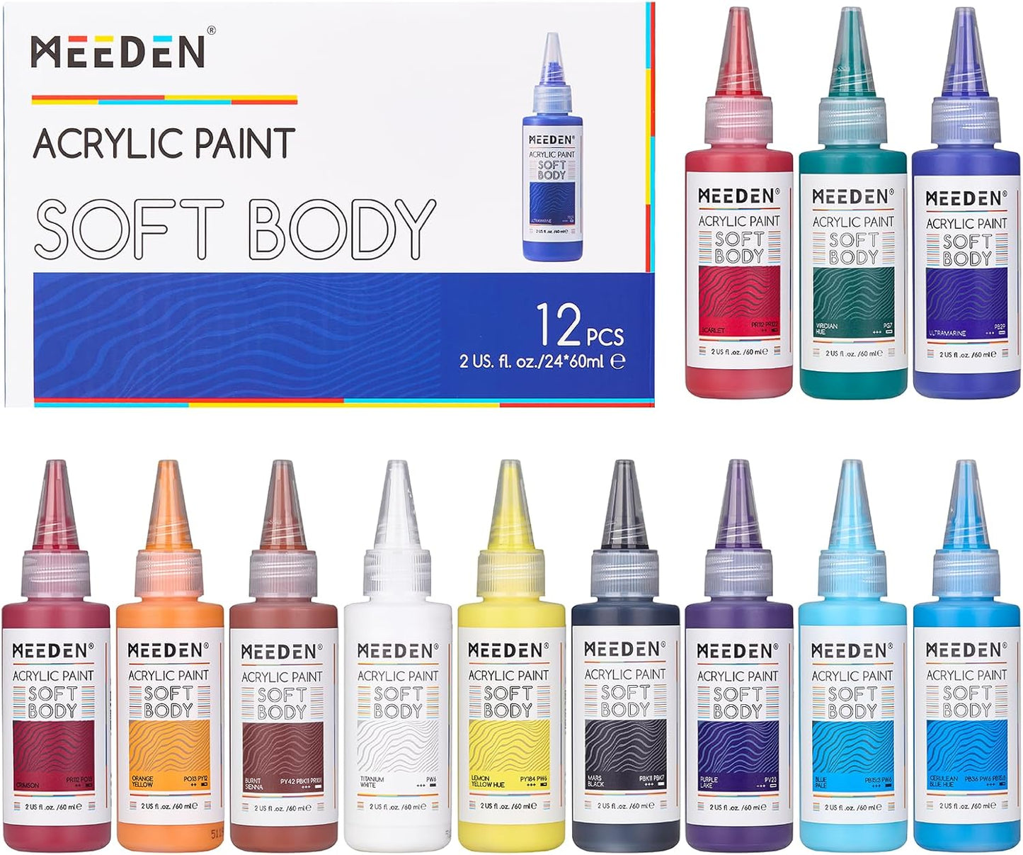 MEEDEN Soft Body Acrylic Paints Set: Matte Finish 12 Colors x 60ml/2oz Fluid Acrylic Paints for Art Painting on Canvas Wood & Glass for Students Adults Artists