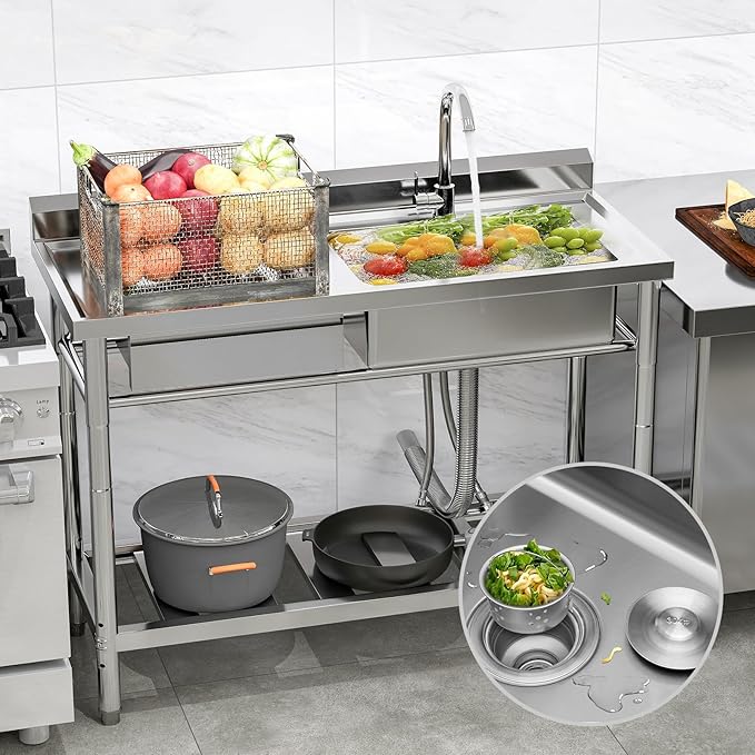 Stainless Steel Utility Sink, 47.2'' Free Standing Single Bowl Kitchen Sink with Cold and Hot Water Pipe, Left Drawer, Indoor and Outdoor for Laundry Room Farmhouse Kitchen(47.2 inch)