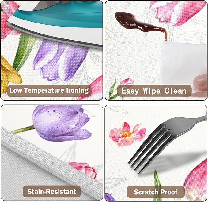 Spring Summer Easter Round Fitted Tablecloth with Elastic Edge Tulip Lavender Floral Circle Table Cloth for 36-40" Tables Wipeable Waterproof Farmhouse Flowers Table Cover for Picnic Dining Outdoor