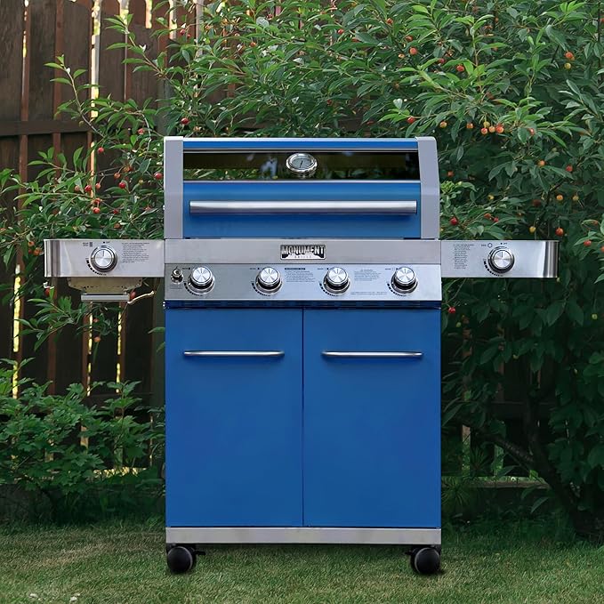 Monument Grills Stainless Steel 4 Burner Propane Gas Grill with Clearview® Lid, Infrared Side Sear Burner & Side Burner