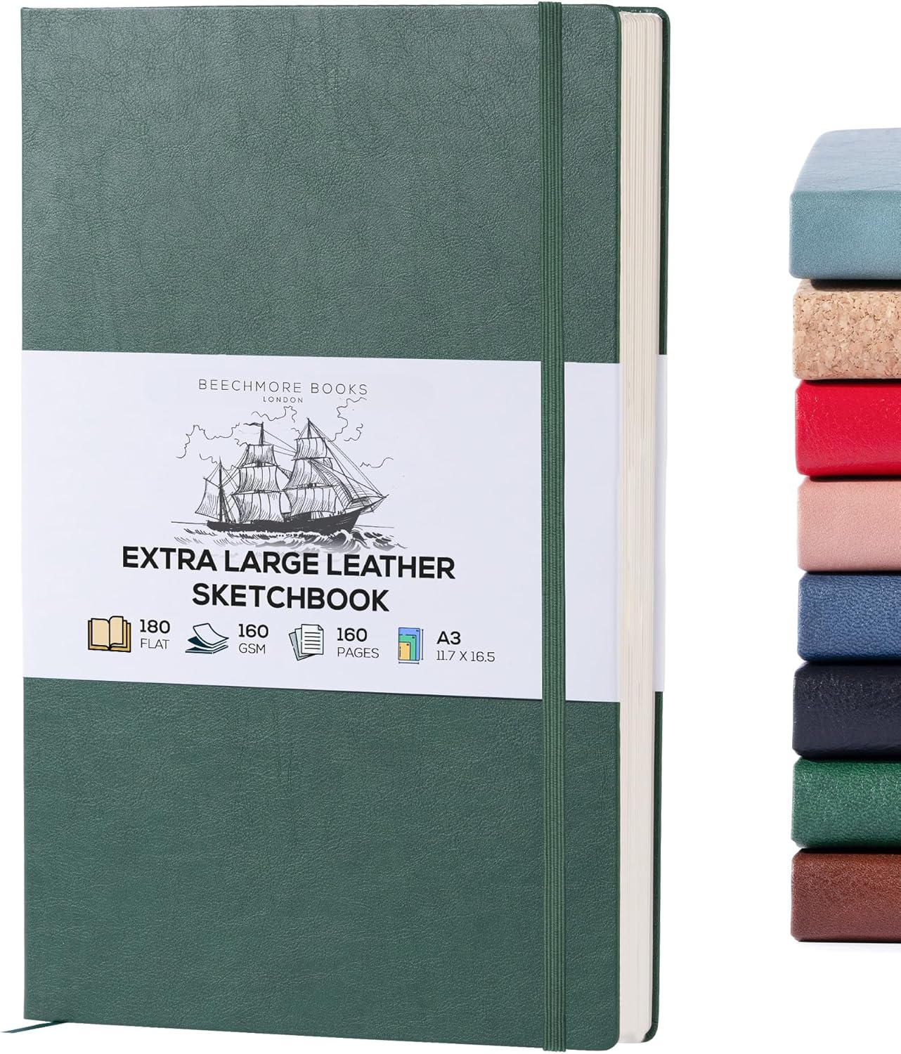 Beechmore Books A3 Sketchbook – 11.7x16.5 Premium Vegan Leather Bound Large Sketch Book Hardcover with 160 Thick 160gsm Perforated Ivory Pages, Blank Sketch Pad Gift Boxed Back Pocket Ribbon Bookmark