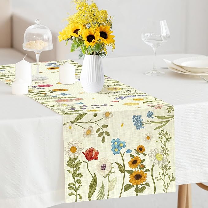 Summer Flower and Leaf Table Runner Seasonal Holiday Anniversary Indoor Outdoor Home Kitchen Table Party Decor (Colorful Flowers 4, 13×72 Inches)