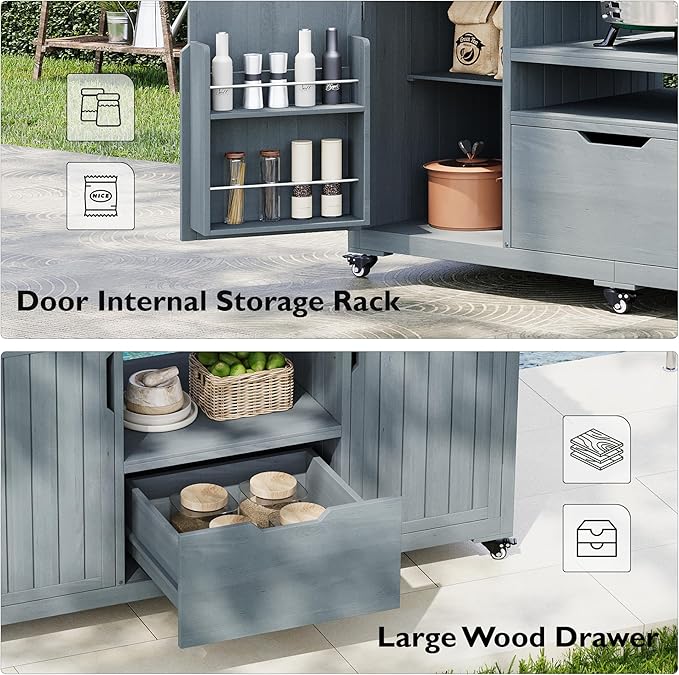 66.5" Outdoor Kitchen Island with Stainless Steel Top for Big Green Egg, Rolling Grill Cart with Adjustable Shelves, Lockable Wheels, Outdoor Table and Bar Storage Cabinet for Patio