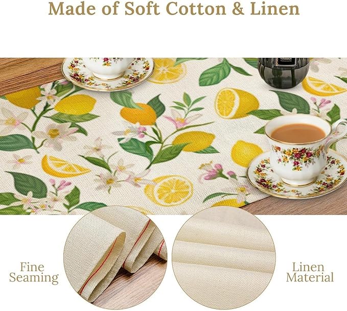 Yellow Lemon Table Runner,Spring Floral Summer Fruits Print Table Decoration for Farmhouse Kitchen Dinner Dining Table Holiday Party Home Decor 13x60in