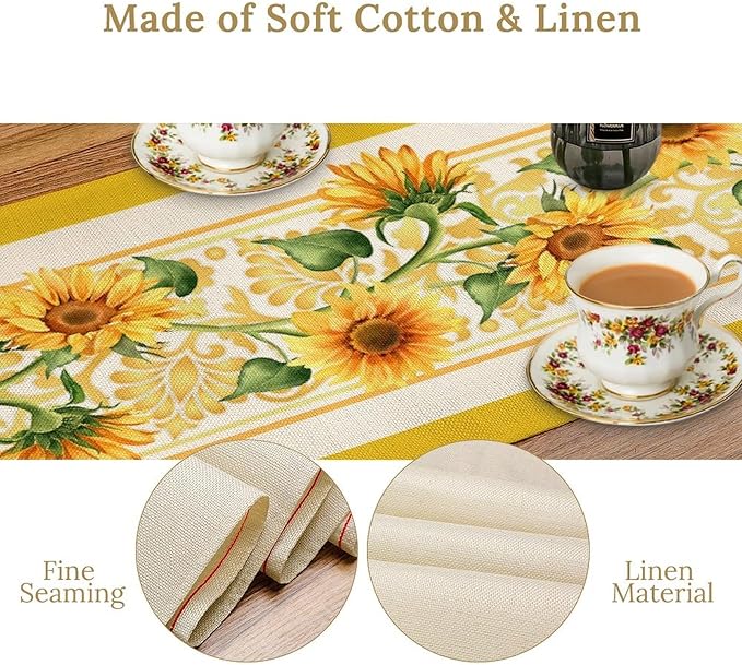 Yellow Sunflower Table Runner, Spring Summer Seasonal Floral Farmhouse Rustic Vintage Flower Print Table Cover for Home Kitchen Dining Table Decor Party, 13x60inch