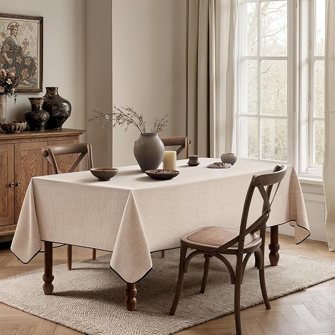 MIULEE Ivory-Black Linen Polyester Tablecloth 60x104 Inch Spring Rectangle Table Cloth Waterproof,Stain Resistant & Wrinkle Resistant for Dining Party Wedding