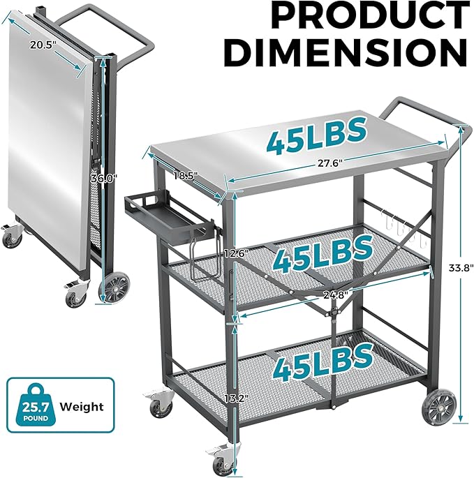 Ciokea Folding Outdoor Grill Cart with Wheels, 3-Shelf Grill Table with 27x18IN Stainless Steel Top, Rolling Pizza Oven Stand, Metal Portable Cart for BBQ Patio Camping (Grey)