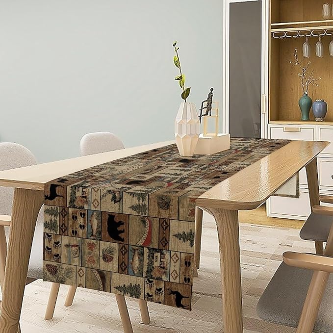 Wildlife Bear Table Runner, Rustic Cabin Animal Farmhouse Table Runner for Home Kitchen Dining Table Party Home 13x120in