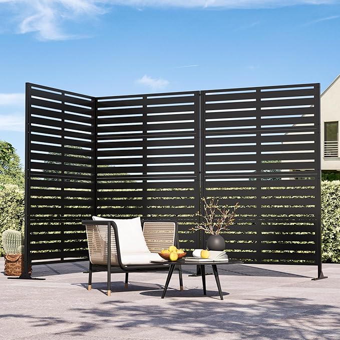 Modern Shade Metal Privacy Screen Outdoor 72" H x 48" W, Stable & Durable Privacy Fence Panels for Instant Privacy & Space Division, Freestanding Decorative Patio Screens for Outdoor, Black (3 Panel)