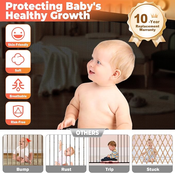 160" Retractable Baby Gates Extra Wide Dog Gate, Long Child Safety Gate, 37" Tall Toddler Pet Gate Mesh Gate with Reinforced Strips for Doorways, Stairs, Hallways, Outdoor & Indoor Large Openings